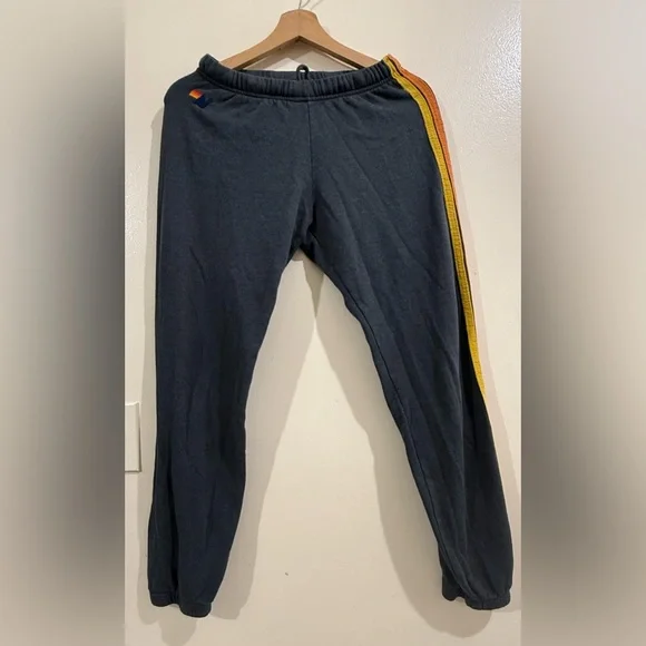Aviator Nation Navy Track Pants with Yellow & Orange Side Stripe - Picture 3 of 8